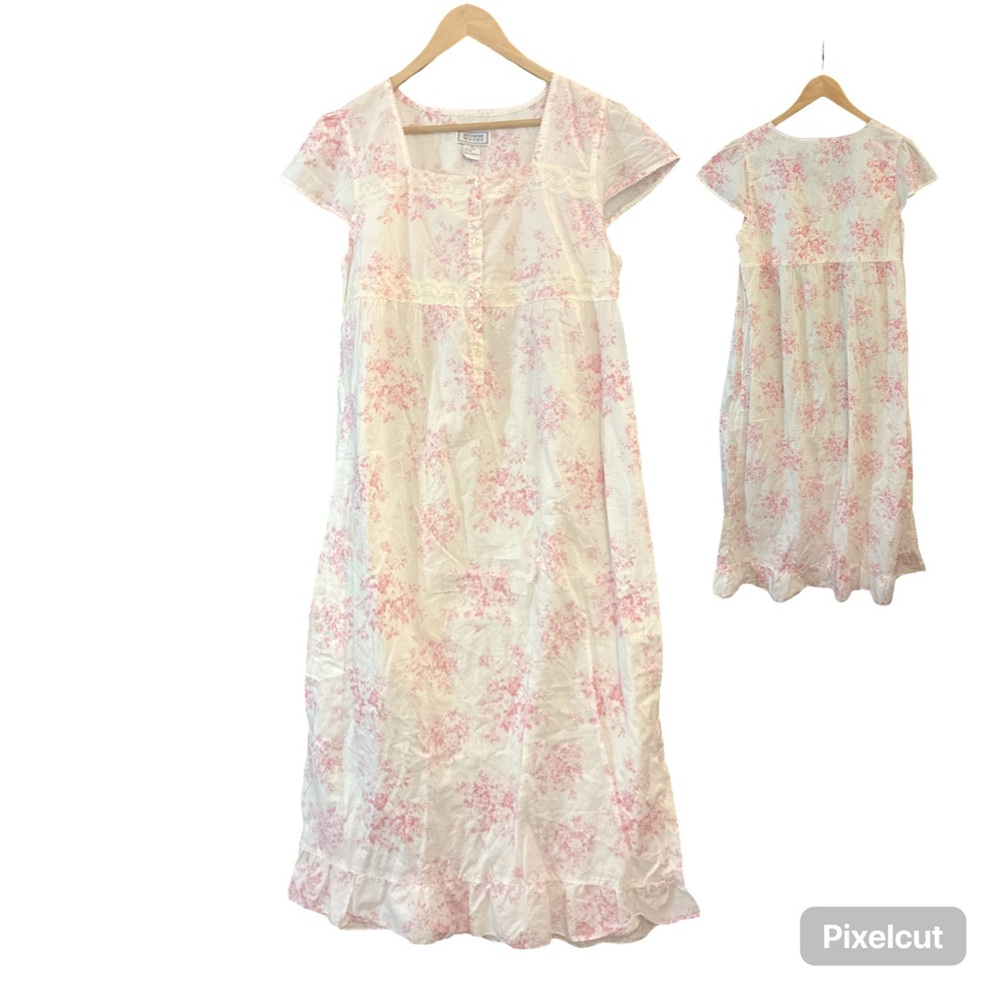 Jennifer Moore Vtg. Nightgown White w/ Pink Rose Print Lace Trim Light Cotton